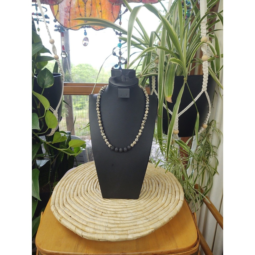 Dalmation & Lava Gemstones Round Beads Necklace Men or Women Necklace